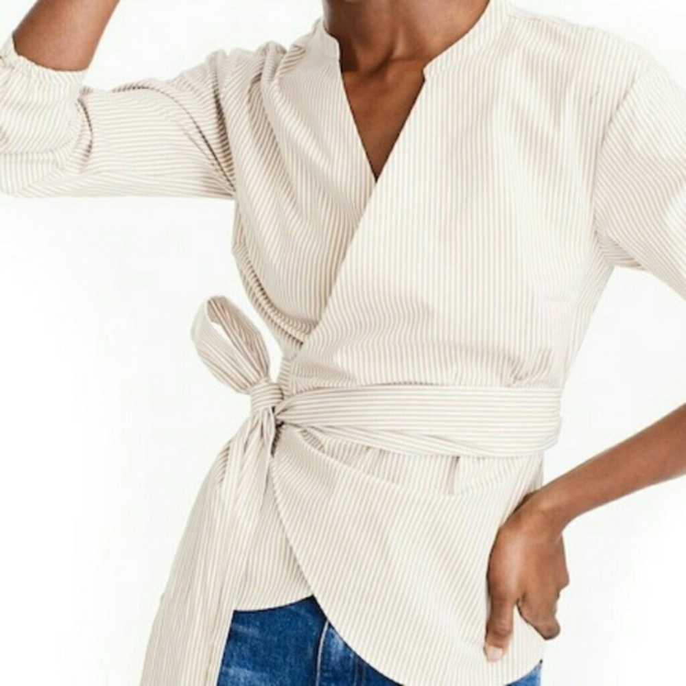J. Crew Tan & White Striped Wrap Blouse